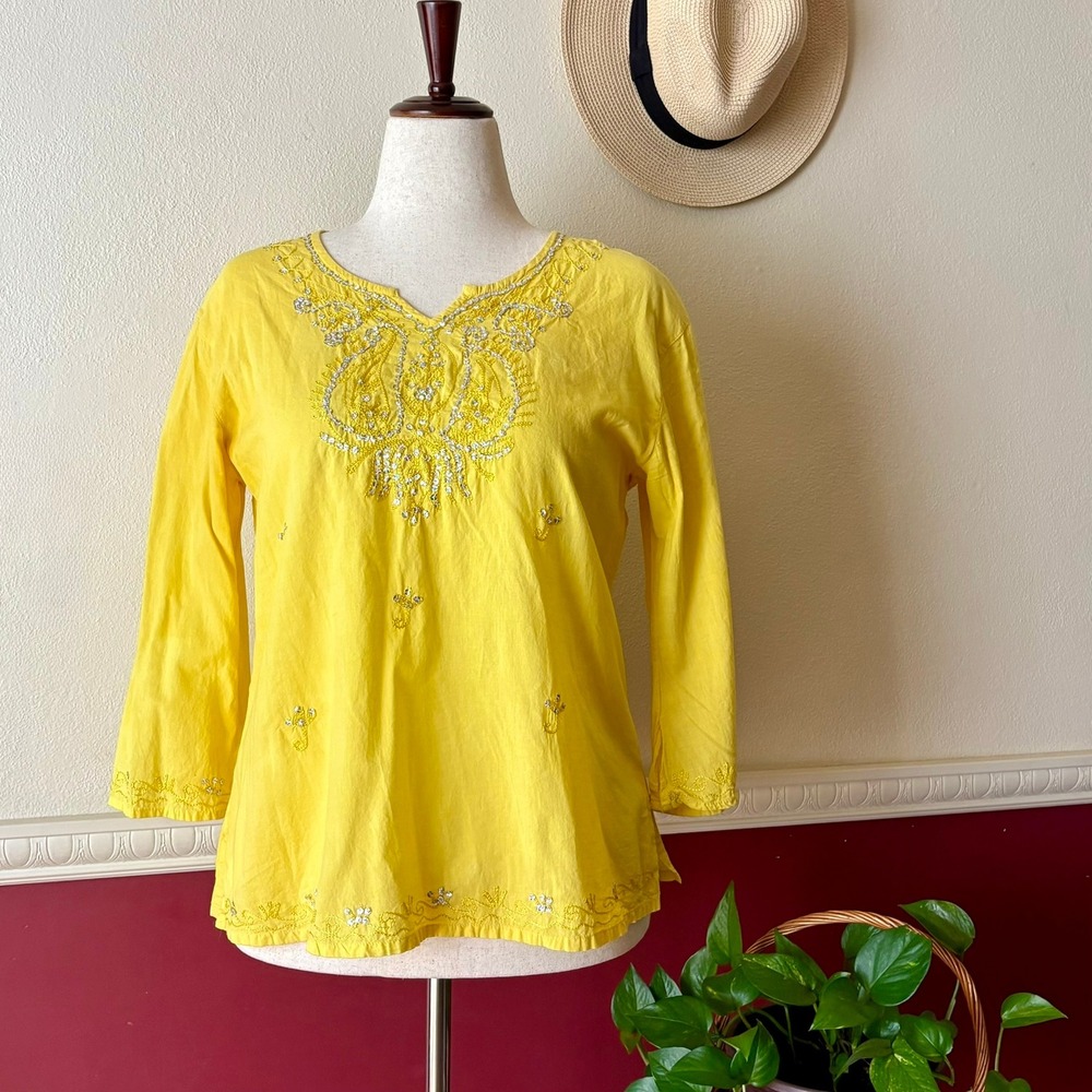 Sacred Threads 100% Cotton Embroidered Sequin Top Yellow Size M/L Bohemian Artsy